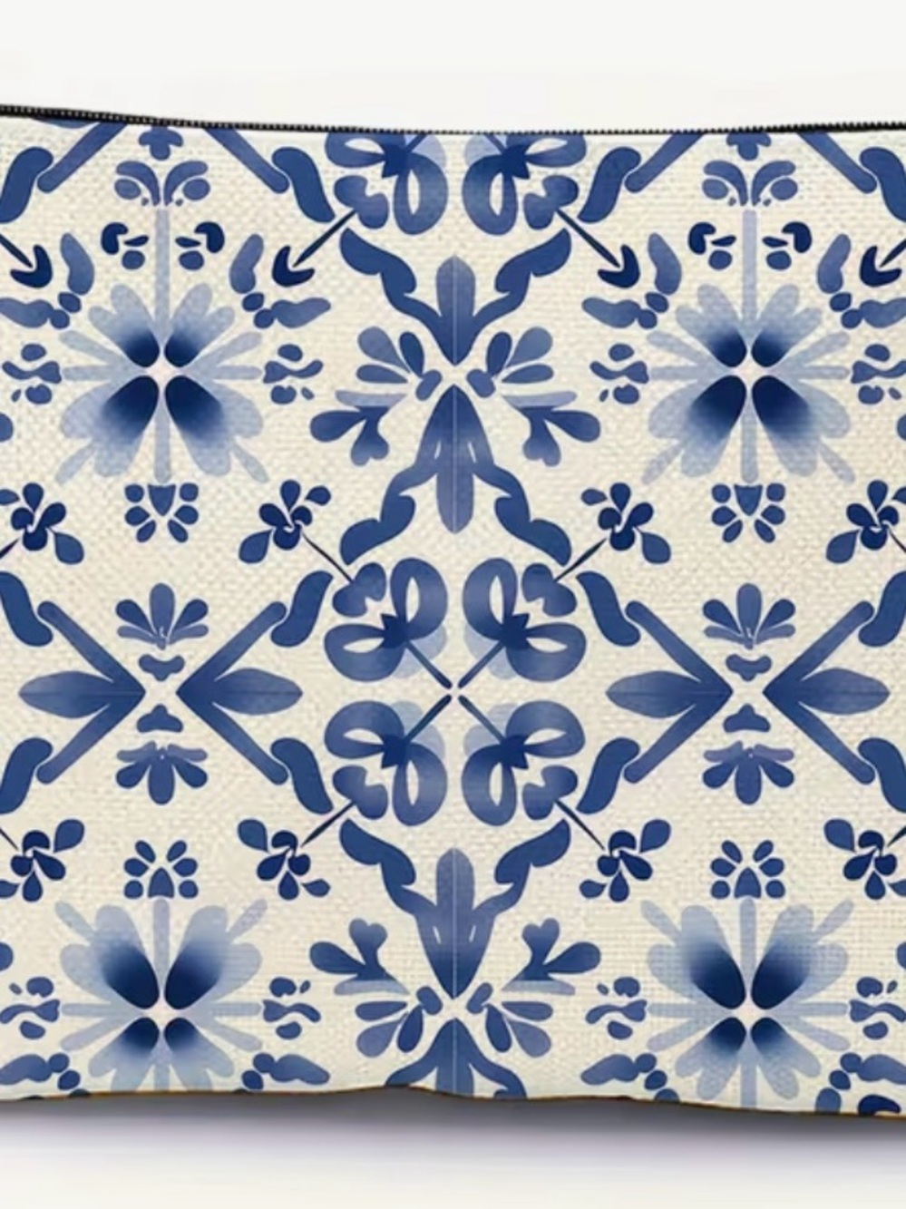 Blue Floral Tile Pattern Canvas Cosmetic Bag